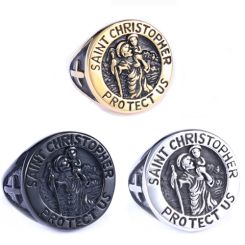 ***COI Titanium Black/Gold Tone/Silver Saint Christopher Protect Us Ring-00957AA