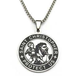 ***COI Titanium Black Silver Saint Christopher Protect Us Pendant-00963AA
