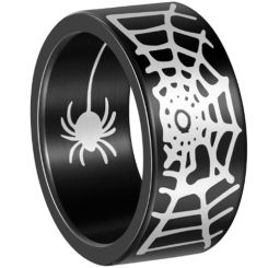 ***COI Titanium Black/Silver Spider & Web Pipe Cut Flat Ring-00967AA