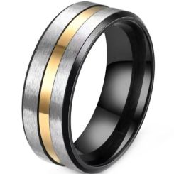 ***COI Tungsten Carbide Black Gold Tone Silver Center Groove Beveled Edges Ring-00979AA