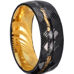 ***COI Tungsten Carbide Black Gold Tone Damascus Ring With Meteorite & Gold Foil-01018AA