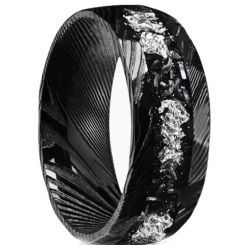 ***COI Black Tungsten Carbide Damascus Ring With Meteorite & Silver Foil-01023AA