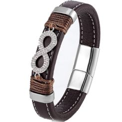 ***COI Titanium Infinity Cubic Zirconia Genuine Leather Bracelet With Stainless Steel Clasp(Length: 9.06 inches)-01025AA