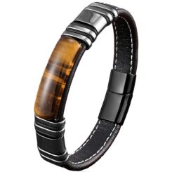 ***COI Titanium Black Silver Tiger Eye Genuine Leather Bracelet With Stainless Steel Clasp(Length: 8.27 inches)-01029AA