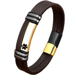 ***COI Titanium Black Gold Tone Medical Alert Genuine Leather Bracelet With Stainless Steel Clasp(Length: 8.27 inches)-01033AA
