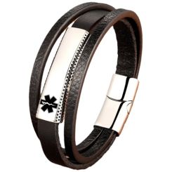 ***COI Titanium Gold Tone/Silver Medical Alert Genuine Leather Bracelet With Stainless Steel Clasp(Length: 8.46 inches)-01035AA