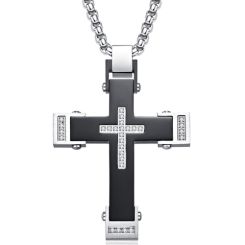 ***COI Titanium Black Silver Cross Pendant With Cubic Zirconia-01056AA