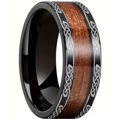 ***COI Black Titanium Celtic Knots Ring With Koa Wood-01069AA
