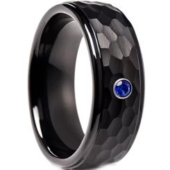 ***COI Black Tungsten Carbide Hammered Step Edges Ring With Created Blue Sapphire-01074AA