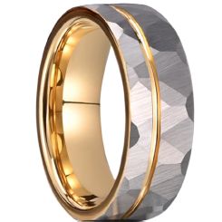 ***COI Tungsten Carbide Gold Tone Silver Offset Groove Faceted Ring-01076AA