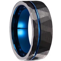 ***COI Tungsten Carbide Black Blue Offset Groove Faceted Ring-01077AA