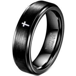 ***COI Tungsten Carbide Black/Gold Tone/Silver Cross Step Edges Ring-01089AA