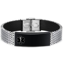 ***COI Titanium Black Silver Medical Alert Genuine Leather Bracelet With Steel Clasp(Length: 8.07 inches)-01096AA