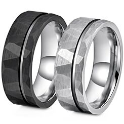 ***COI Titanium Black/Silver/Gold Tone Silver Offset Groove Faceted Ring-01152AA