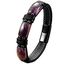 ***COI Titanium Amethyst Genuine Leather Bracelet With Steel Clasp(Length: 9.06 inches)-01161AA