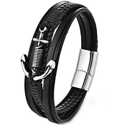 ***COI Titanium Anchor Genuine Leather Bracelet With Steel Clasp(Length: 9.06 inches)-01162AA