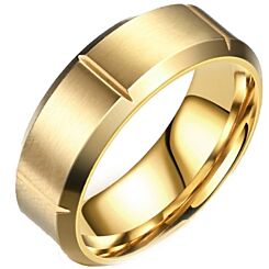 ***COI Titanium Black/Gold Tone/Silver Grooves Beveled Edges Ring-01180AA