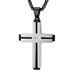 ***COI Titanium Black Rose/Silver Cross Pendant With Cubic Zirconia-01187AA