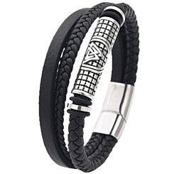 ***COI Titanium Black Silver Trinity Knots Genuine Leather Bracelet With Steel Clasp(Length: 8.27 inches)-01198AA