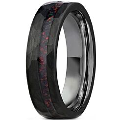 ***COI Black Tungsten Carbide Hammered Ring With Crushed Opal-01203AA