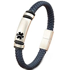 ***COI Titanium Black Silver Medical Alert Genuine Leather Bracelet With Steel Clasp(Length: 9.06 inches)-01224AA