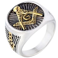 ***COI Titanium Black Silver Gold Tone/Black Gold Tone Masonic Freemason Ring-01232AA