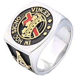 ***COI Titanium Black Gold Tone Silver Red Masonic Freemason Cross Ring-01233AA