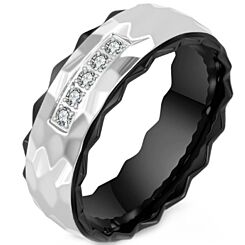 ***COI Titanium Black Silver/Gold Tone Silver Hammered Ring With Cubic Zirconia-01238AA