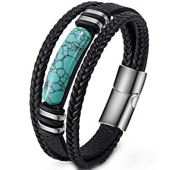 ***COI Titanium Black Silver Green Malachite/Turquoise Genuine Leather Bracelet With Steel Clasp(Length: 8.27 inches)-01246AA