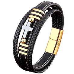 ***COI Titanium Black Gold Tone Silver Cross Genuine Leather Bracelet With Steel Clasp(Length: 8.27 inches)-01254AA