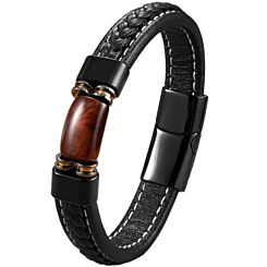 ***COI Titanium Black Gold Tone Silver Tiger Eye Genuine Leather Bracelet With Steel Clasp(Length: 8.27 inches)-01255AA