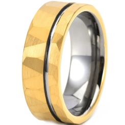 ***COI Tungsten Carbide Gold Tone Silver/Silver Offset Groove Faceted Ring-01269AA