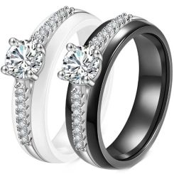 ***COI Titanium Black/White Ceramic Solitaire Ring With Cubic Zirconia-01273AA