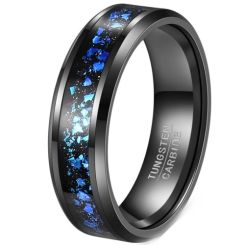 ***COI Black Tungsten Carbide Meteorite & Crushed Opal Beveled Edges Ring-01274AA