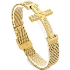 ***COI Titanium Gold Tone/Silver Cross Cubic Zirconia Bracelet With Steel Clasp(Length: 8.66 inches)-01284AA