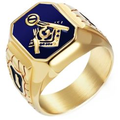 ***COI Titanium Blue Gold Tone/Silver Masonic Freemason Ring-01289AA