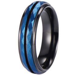 ***COI Tungsten Carbide Black Blue Center Groove Faceted Ring-01290AA