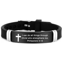***COI Titanium Black Silver Cross Prayer Rubber Bracelet With Steel Clasp(Length: 8.66 inches)-01302AA