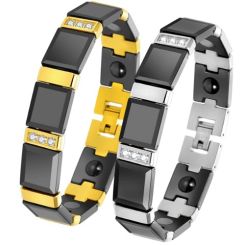 ***COI Titanium Gold Tone/Silver Black Ceramic Cubic Zirconia Bracelet With Steel Clasp(Length: 8.27 inches)-01306AA