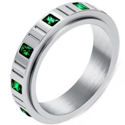 ***COI Titanium Gold Tone/Silver Grooves Ring With Created Green Emerald-01308AA