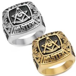***COI Titanium Black Gold Tone/Silver Masonic Freemason Ring-01312AA
