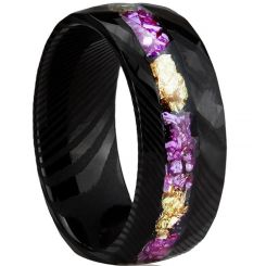 ***COI Black Tungsten Carbide Dome Court Damascus Ring With Gold Foil & Purple Amethyst-01322AA
