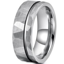 ***COI Tungsten Carbide Offset Groove Faceted Ring-01326AA