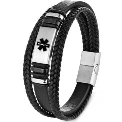 ***COI Titanium Black Silver Medical Alert Genuine Leather Bracelet With Steel Clasp(Length: 9.06 inches)-01340AA