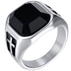 ***COI Titanium Black Silver Cross Ring With Black Onyx-01345AA