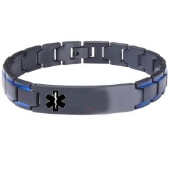 ***COI Titanium Black Blue Medical Alert Bracelet With Steel Clasp(Length: 8.46 inches)-01361AA