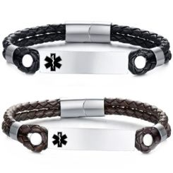 ***COI Titanium Medical Alert Genuine Leather Bracelet With Steel Clasp(Length: 8.46 inches)-01362AA