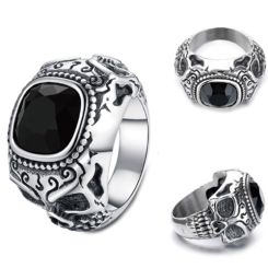 ***COI Titanium Black Silver Skull Ring With Created Red Ruby/Green Emerald/Blue Sapphire/Black Onyx-01364AA