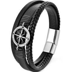 ***COI Titanium Compass Genuine Leather Bracelet With Steel Clasp(Length: 8.27 inches)-01371AA