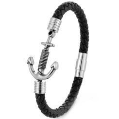 ***COI Titanium Anchor Genuine Leather Bracelet With Steel Clasp(Length: 8.27 inches)-01372AA
